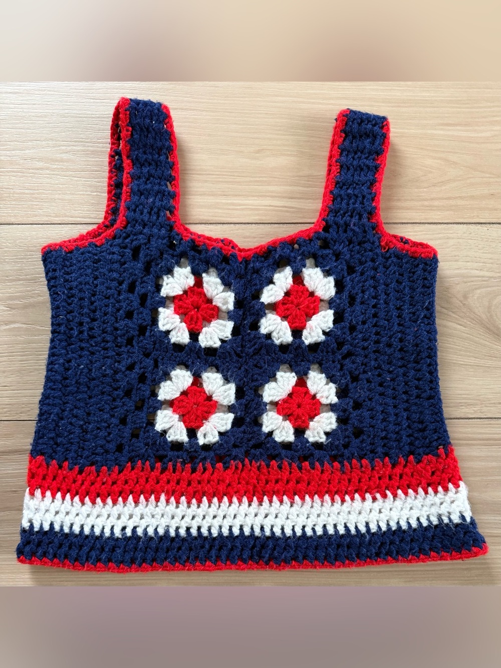 Handmade Crochet Tank Top in Navy, Red & White Floral Motifs